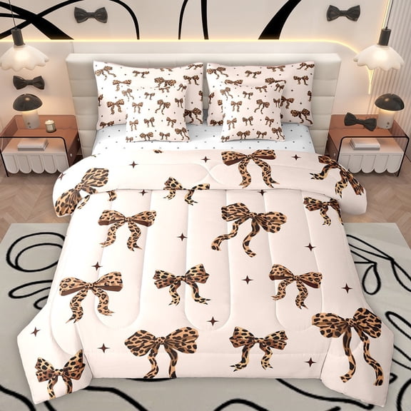 Homewish Kawaii Bowtie Bedding Comforter Set 7-Piece for Teens Female Adults,Leopard Print King Bedding Sets,Dreamy Princess Ultra Soft Bed Sheets,Lightweight Room Decor,Reversible