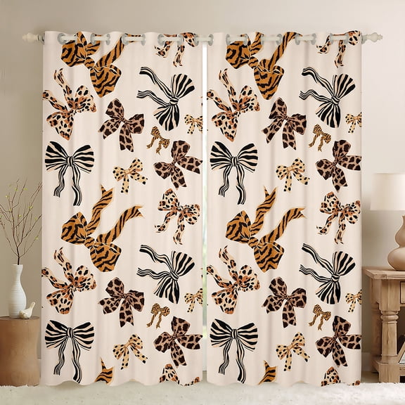 Homewish Kawaii Bowtie Black Out Curtains for Teens Female Adults,Leopard Zebra Print Curtains Pack of 2 (42x63 Each),Black Brown Bedroom Curtains,Lightweight Room Decor