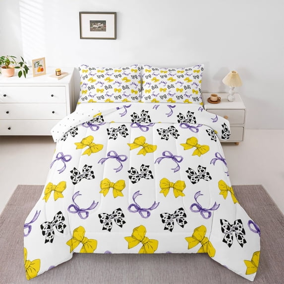 Homewish Kawaii Bowtie Full Size Comforter Sets 3-Piece for Teens Female Adults,Cow Print Bedding Comforter Set,Dreamy Princess Lightweight Bedding Sets,Lightweight Room Decor,Reversible