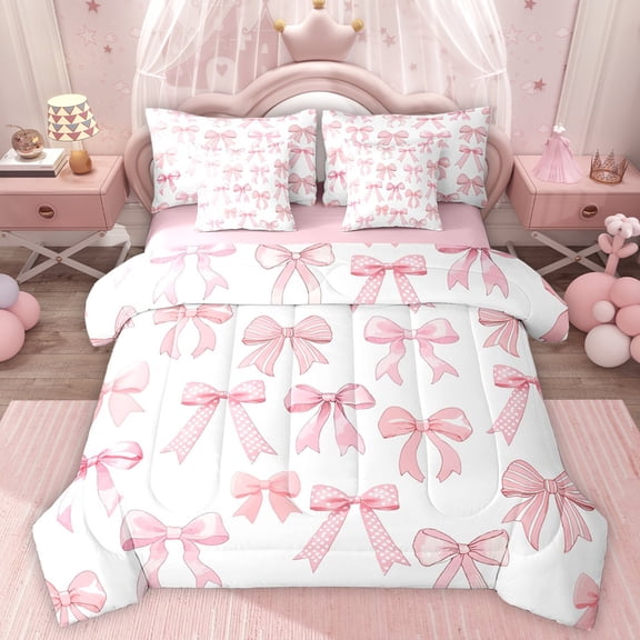 Homewish Kawaii Bowtie Ribbon 7-Piece Twin Bedding Sets,Polka Dots Bowknot Bedding Comforter Set,Pink White Sheet Sets For Girl Kids,Luxury Bedroom Decor Reversible
