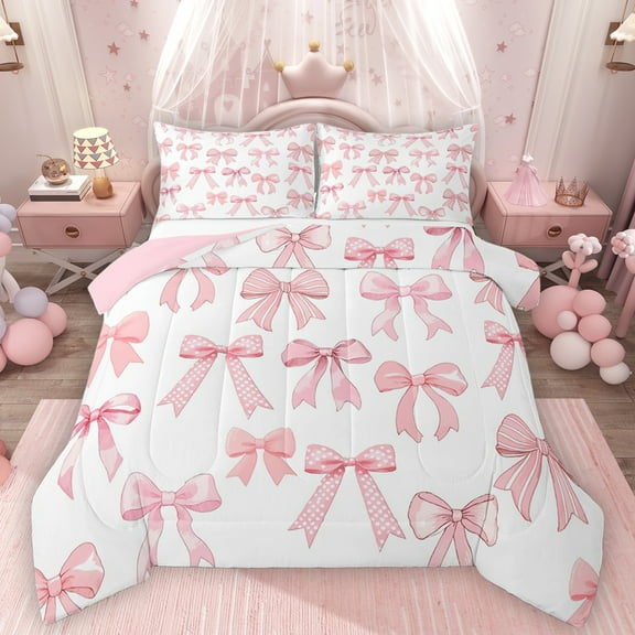 Homewish Kawaii Bowtie Ribbon Bedding Comforter Set,Polka Dots Bowknot Twin Comforter Sets,Pink White Bedding Set For Girl Kids,Luxury Bedroom Decor Reversible,2pcs