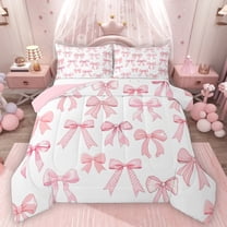 Homewish Kawaii Bowtie Ribbon Bedding Comforter Set,Polka Dots Bowknot Twin Comforter Sets,Pink White Bedding Set For Girl Kids,Luxury Bedroom Decor Reversible,2pcs