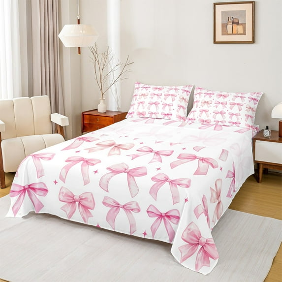 Homewish Kawaii Bowtie Ribbon Full Size Sheets,Cute Cartoon Bowknot Bed Sheets,Pink Stars Print Sheet Sets For Girl Kids,Luxury Bedroom Decor,4 Pieces