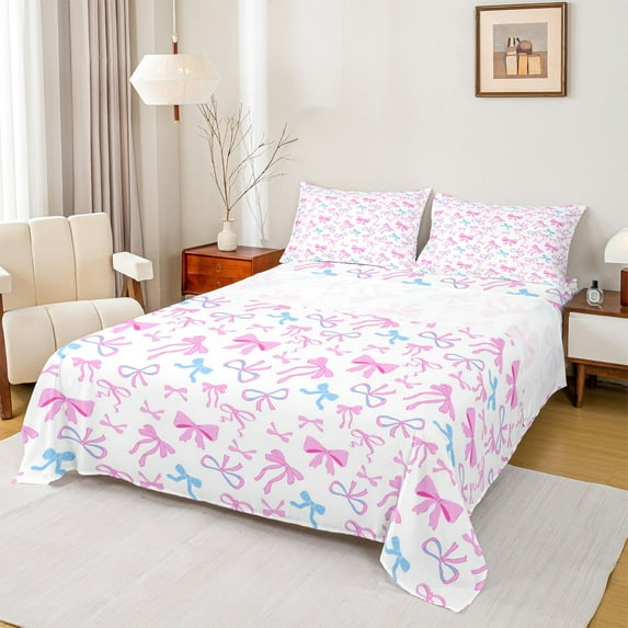 Homewish Kawaii Bowtie Ribbon Queen Sheet Sets,Lovely Bow Knot Flat Sheet,Pink White Blue Queen Fitted Sheet For Girl Kids,Luxury Bedroom Decor,4-Piece
