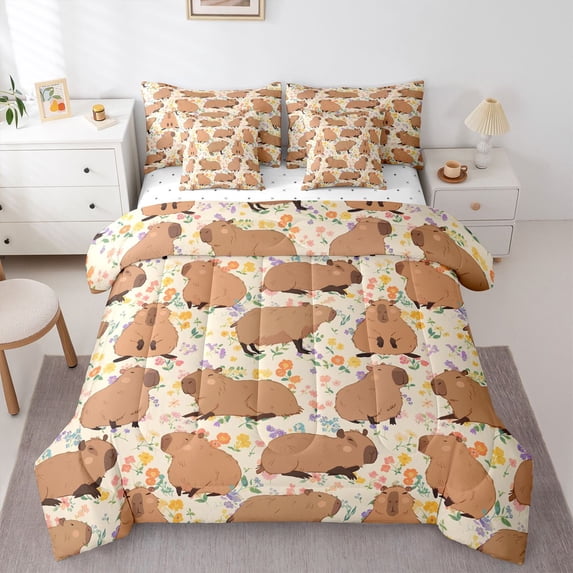 Homewish Kawaii Brown Capybara 7-Piece Bedding Comforter Set for Boys Girls,Colorful Flowers King Bedding Sets,Cartoon Cute Animal Ultra Soft Bed Sheets,Lightweight Room Decor,Reversible