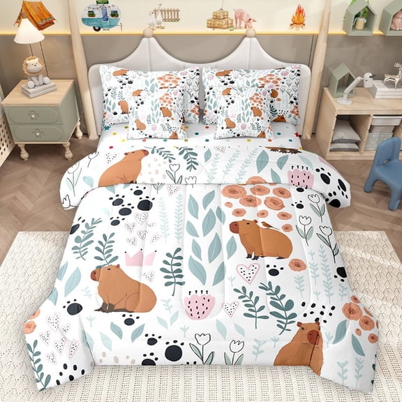 Homewish Kawaii Brown Capybara 7pcs Bedding Comforter Set for Child Boys Girls,Chic Floral Flower Queen Bedding Sets Super Cozy,Cartoon Animal Queen Sheet Sets,Super Cozy Room Decor,Reversible