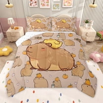 Homewish Kawaii Brown Capybara Bedding Comforter Set,Cute Yellow Duck Twin Comforter Sets,Cartoon Animal Bedding Set For Girl Boys,Luxury Bedroom Decor Reversible,2 Pieces