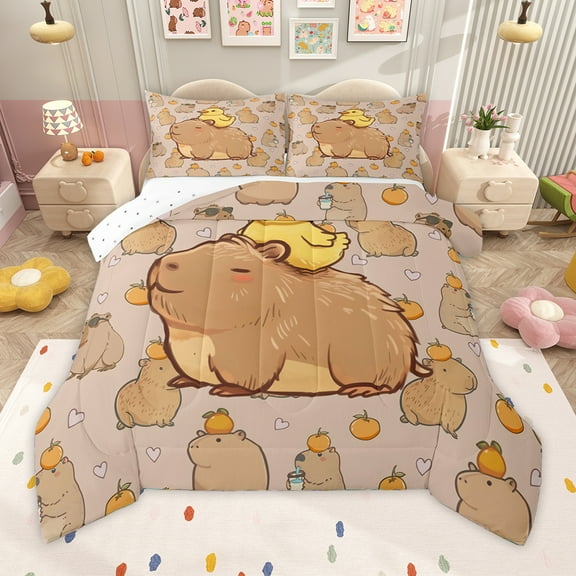 Homewish Kawaii Brown Capybara Bedding Comforter Set,Cute Yellow Duck Twin Comforter Sets,Cartoon Animal Bedding Set For Girl Boys,Luxury Bedroom Decor Reversible,2 Pieces