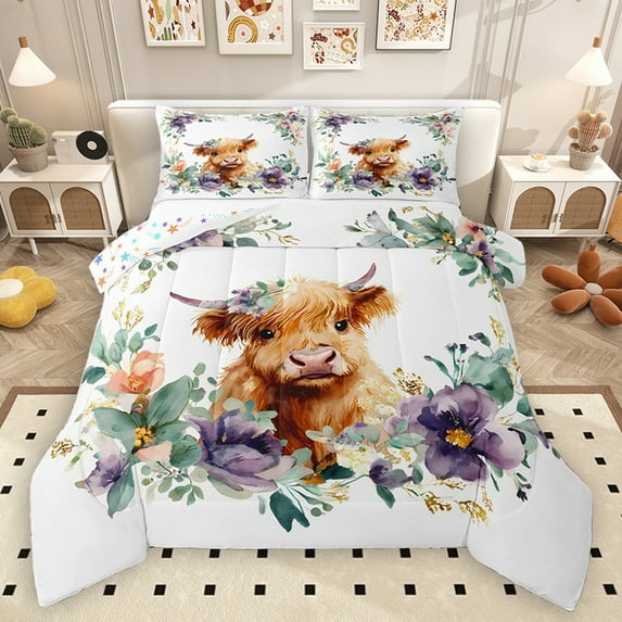 Homewish Kawaii Brown Cow Bedding Comforter Set for Kid, Farmhouse Animal Twin Comforter Sets, Watercolor Rustic Flower Reversible Bedding Set, Microfiber Bedroom Decor, 2-Piece