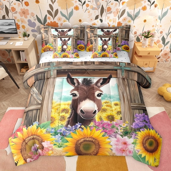 Homewish Kawaii Brown Donkey Bedding Comforter Set 7 Pieces, Cartoon Farm Animal Full Bedding Set, Sunflower Floral Print Fitted Sheet Flat Sheet, Ultra Soft Bedroom Decor