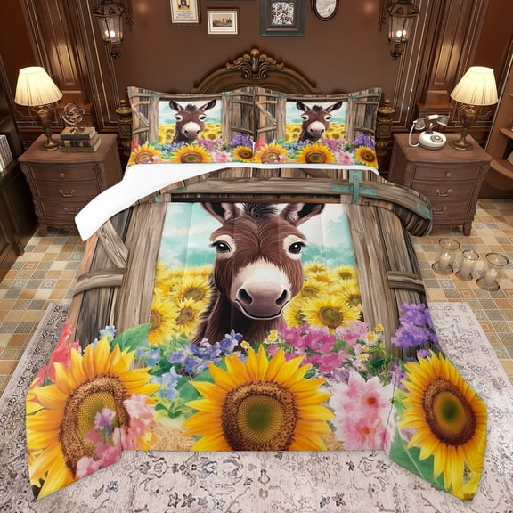 Homewish Kawaii Brown Donkey Full Size Comforter Sets, Cartoon Farm Animal Bedding Comforter Set, Sunflower Floral Print Bedding Sets, Ultra Soft Bedroom Decor, 3 Pieces