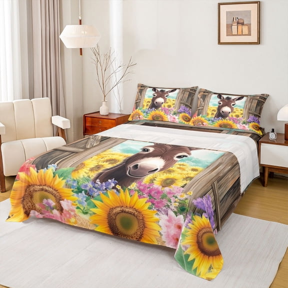 Homewish Kawaii Brown Donkey Full Size Sheets, Cartoon Farm Animal Bed Sheets, Sunflower Floral Print Sheet Sets, Ultra Soft Bedroom Decor, 4 Pieces