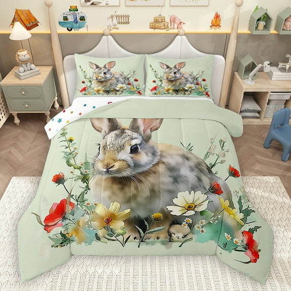 Homewish Kawaii Bunnies Rabbit Bedding Comforter Set, Cute Cartoon Animal Twin Comforter Sets, Vibrant Rustic Groovy Floral Reversible Bedding Set, Microfiber Bedroom Decor, 2pcs