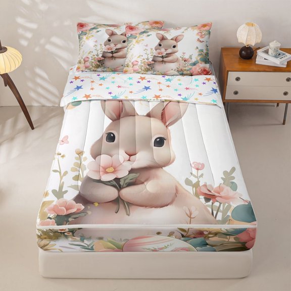 Homewish Kawaii Bunny Rabbit Zipper Twin Comforter Sets with Fitted Sheet and 2 Pillowcases,Rustic Flowers Pink Easter Eggs Zipper Bedding Set For Kids,Reversible,4 Pieces