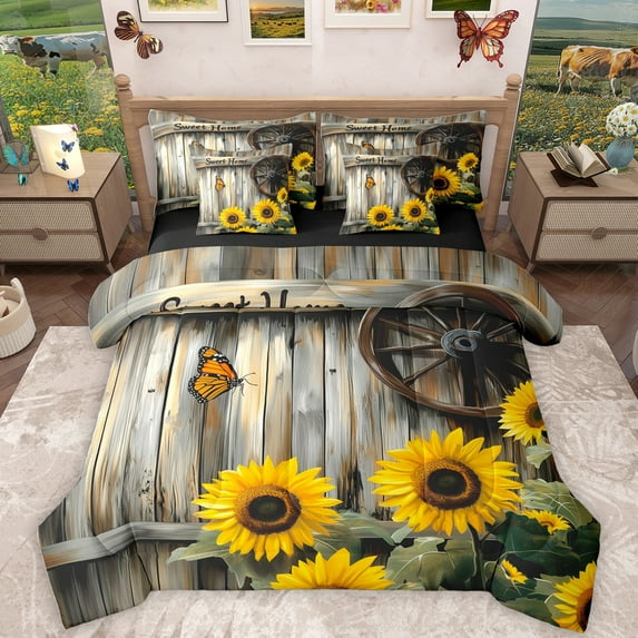 Homewish Kawaii Butterflies Sunflower 7-Piece Bedding Comforter Set,Rustic Farmhouse Cabin King Bedding Sets,Old Wooden Board Bed Sheets For Bots Kids,Super Cozy Room Decor Reversible