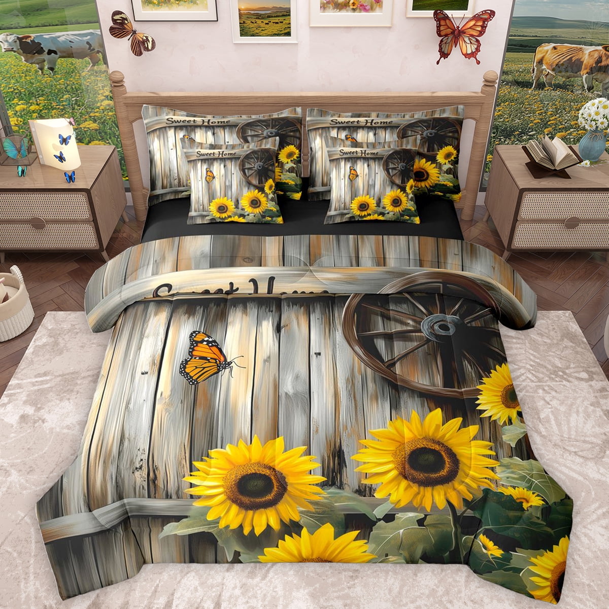 Homewish Kawaii Butterflies Sunflower 7 Pieces Bedding Comforter Set,Rustic Farmhouse Cabin Full Bedding Set,Old Wooden Board Fitted Sheet Flat Sheet For Bots Kids,Super Cozy Room Decor Reversible