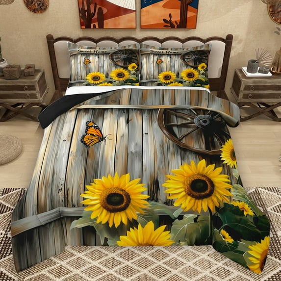 Homewish Kawaii Butterflies Sunflower Bedding Comforter Set,Rustic Farmhouse Cabin Twin Comforter Sets,Old Wooden Board Bedding Set For Bots Kids,Super Cozy Room Decor Reversible,2 Pieces