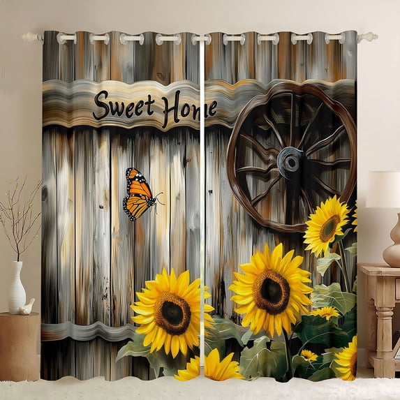 Homewish Kawaii Butterflies Sunflower Blackout Curtains Set of 2 (52x84 Each),Rustic Farmhouse Cabin Window Curtains,Old Wooden Board Curtains and Drapes For Bots Kids,Super Cozy Room Decor