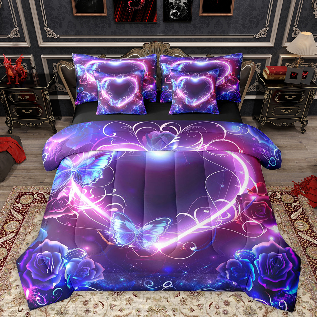 Homewish Kawaii Butterfly 7-Piece Bedding Comforter Set,3D Chic Flower King Bedding Sets,Pink Purple Bed Sheets For Men Women,Super Cozy Room Decor Reversible