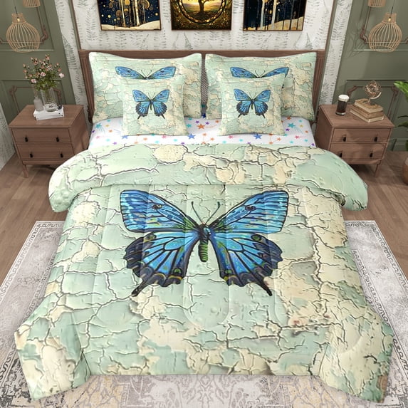 Homewish Kawaii Butterfly 7-Piece Twin Bedding Sets,Oil Painting Artistic Bedding Comforter Set,Green Beige Blue Sheet Sets For Girls,Ultra Soft Home Decor Reversible