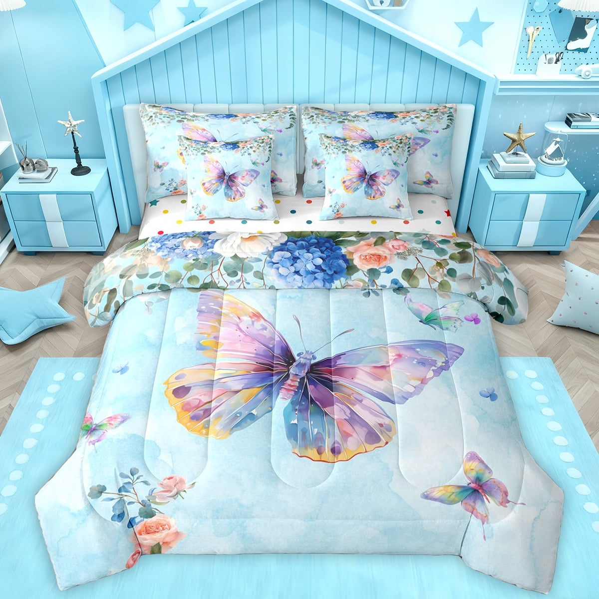 Homewish Kawaii Butterfly 7pcs Bedding Comforter Set,Modern Painting Artistic Queen Bedding Sets,Blue Purple Queen Sheet Sets For Girls Kids,Luxury Bedroom Decor Reversible