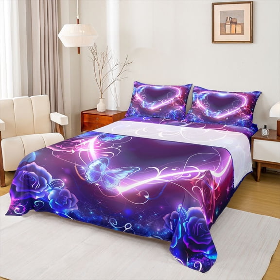 Homewish Kawaii Butterfly Bed Sheets,3D Chic Flower King Sheets,Pink Purple Sheet Set For Men Women,Super Cozy Room Decor,4 Pieces