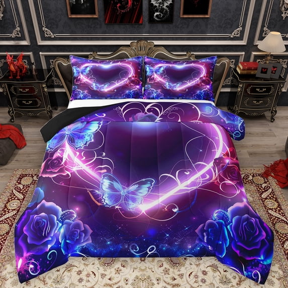 Homewish Kawaii Butterfly Bedding Comforter Set,3D Chic Flower Twin Comforter Sets,Pink Purple Bedding Set For Men Women,Super Cozy Room Decor Reversible,2 Pieces
