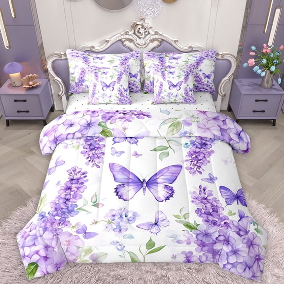 Homewish Kawaii Butterfly Lavender 7 Pieces Bedding Comforter Set,Modern Painting Artistic Full Bedding Set,White Purple Fitted Sheet Flat Sheet For Girls Kids,Luxury Bedroom Decor