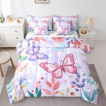 Homewish Kawaii Butterfly Lover Twin Bedding Sets 7-Piece for Kids, Rustic Leaf Plant Bedding Comforter Set, Cute Cartoon Animal Reversible Sheet Sets, Breathable Home Decor