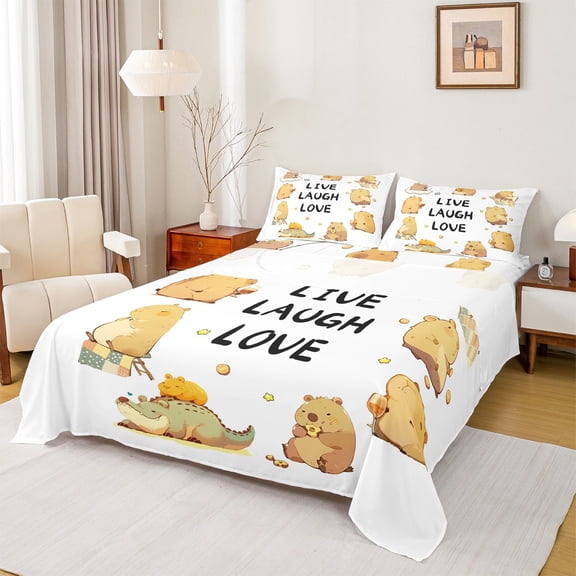 Homewish Kawaii Capybara 3pcs Twin Sheet Sets For Preppy Kids Children,Cartoon Animal Twin Fitted Sheet,Cute Wildlife Crocodile Breathable Flat Sheet,Microfiber Bedroom Decor
