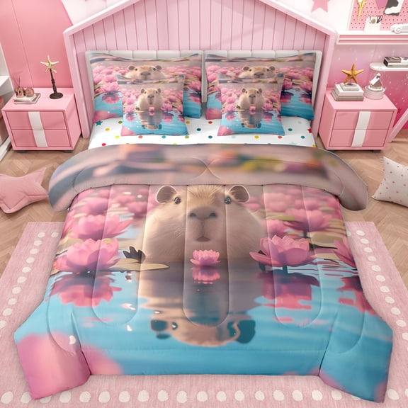 Homewish Kawaii Capybara 7 Pieces Bedding Comforter Set,Lotus Flower Floral Full Bedding Set,Pink Brown Blue Fitted Sheet Flat Sheet For Girls Teens,Microfiber Bedroom Decor Reversible