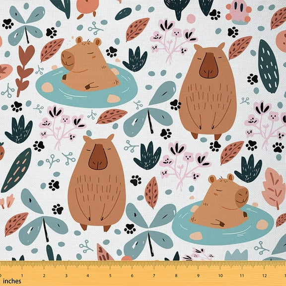 Homewish Kawaii Capybara Fabric by the Yard 1 Yard,Brown Cartoon Kapibara Home Decor Fabric by the Yard,Bohemian Style Plant Sewing Fabric For Girls Teens,Microfiber Bedroom Decor