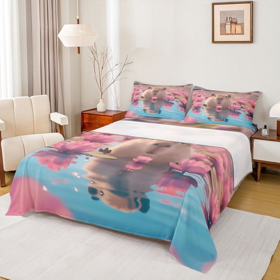 Homewish Kawaii Capybara Twin Sheet Sets,Lotus Flower Floral Twin Fitted Sheet,Pink Brown Blue Flat Sheet For Girls Teens,Microfiber Bedroom Decor,3-Piece