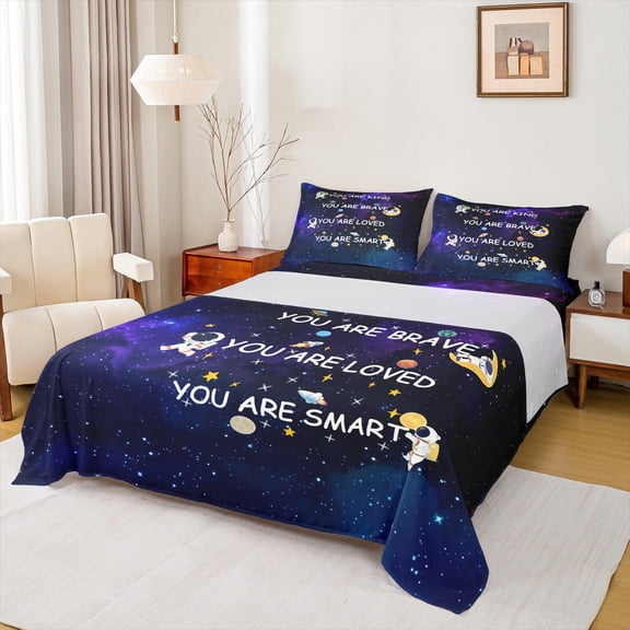 Homewish Kawaii Cartoon Astronaut Twin Sheet Sets, Mystic Outer Space Twin Fitted Sheet, Inspirational Words Flat Sheet, Lightweight Room Decor, 3pcs
