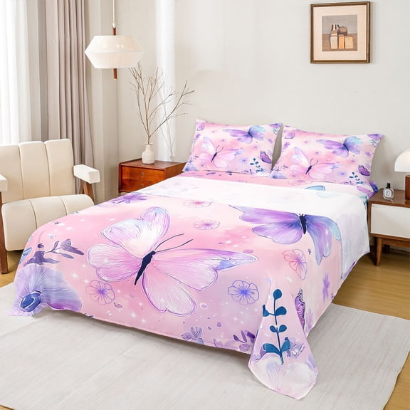 Homewish Kawaii Cartoon Butterfly Bed Sheets, Pink Plum Watercolor King Sheets, Flower Leaf Plant Sheet Set, Microfiber Bedroom Decor, 4pcs