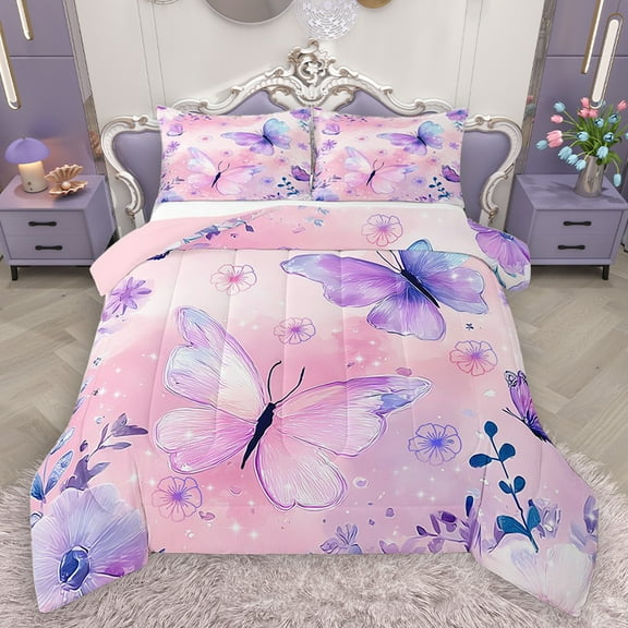 Homewish Kawaii Cartoon Butterfly Bedding Comforter Set, Pink Plum Watercolor Twin Comforter Sets, Flower Leaf Plant Reversible Bedding Set, Microfiber Bedroom Decor, 2pcs