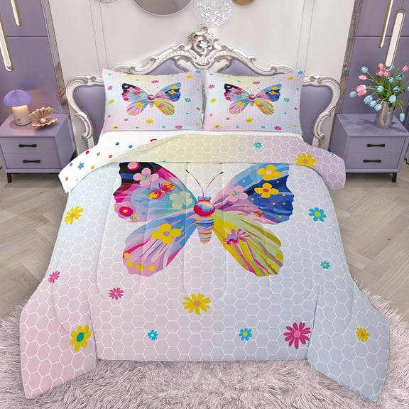 Homewish Kawaii Cartoon Butterfly Full Size Comforter Sets, Rustic Blossoms Floral Bedding Comforter Set, Modern Fashion Honeycomb Reversible Bedding Sets, Luxury Bedroom Decor, 3 Pieces