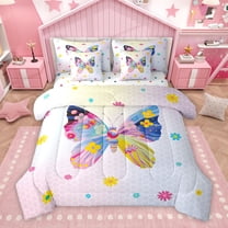 Homewish Kawaii Cartoon Butterfly Twin Bedding Sets 7-Piece, Rustic Blossoms Floral Bedding Comforter Set, Modern Fashion Honeycomb Reversible Sheet Sets, Luxury Bedroom Decor