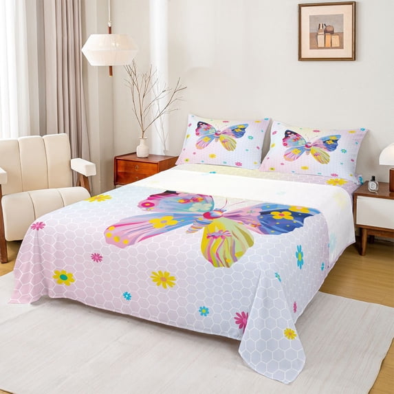 Homewish Kawaii Cartoon Butterfly Twin Sheet Sets, Rustic Blossoms Floral Twin Fitted Sheet, Modern Fashion Honeycomb Flat Sheet, Luxury Bedroom Decor, 3 Pieces