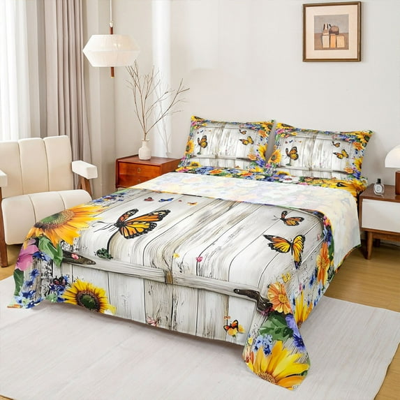 Homewish Kawaii Cartoon Butterfly Twin Sheet Sets, Rustic Sunflower Floral Twin Fitted Sheet, Vintage Lodge Cabin Flat Sheet, Breathable Home Decor, 3 Pieces