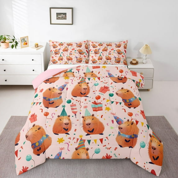 Homewish Kawaii Cartoon Capibara Full Size Comforter Sets for Kid, Cute Cartoon Animal Bedding Comforter Set, Happy Birthday Reversible Bedding Sets, Lightweight Room Decor, 3 Pieces
