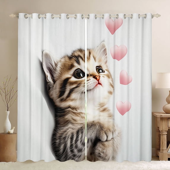 Homewish Kawaii Cartoon Cat Curtains Pack of 2 (42x84 Each) for Teen, Cute Kitten Animal Curtains Blackout, Pink Love Heart Bedroom Curtains, Blackout Curtains Room Decor