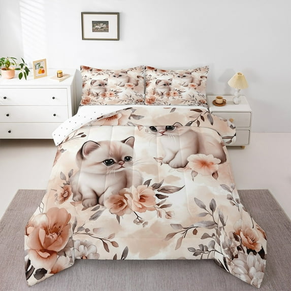 Homewish Kawaii Cartoon Cat Full Size Comforter Sets for Teen, Watercolor Vintage Flower Bedding Comforter Set, Cute Animal Reversible Bedding Sets, Lightweight Room Decor, 3-Piece