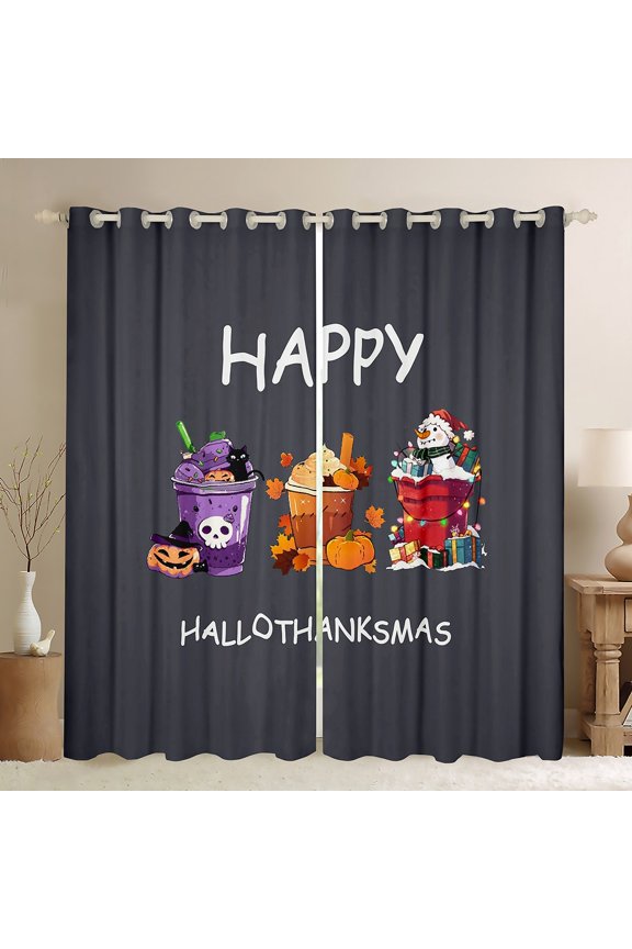 Kawaii Cartoon Festval Curtains Pack of 2 (42x84 Each), Hello Thanks Xmas Curtains Blackout, Teens Kids Boys Girls Bedroom Curtains, Black Out Curtains Decor