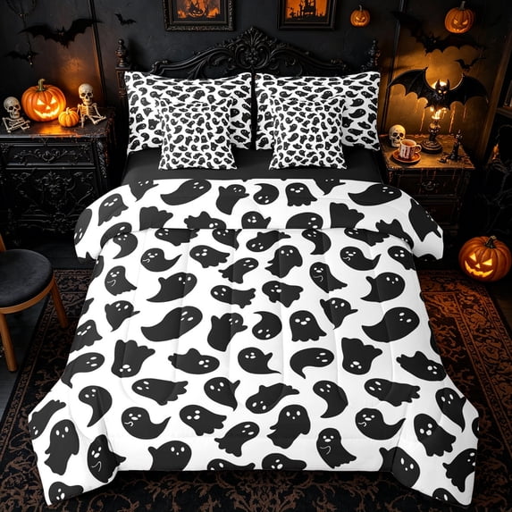 Homewish Kawaii Cartoon Ghost Queen Bedding for Kids, Happy Halloween Theme Bedding Comforter Set Queen, Black Reversible, 7-Piece