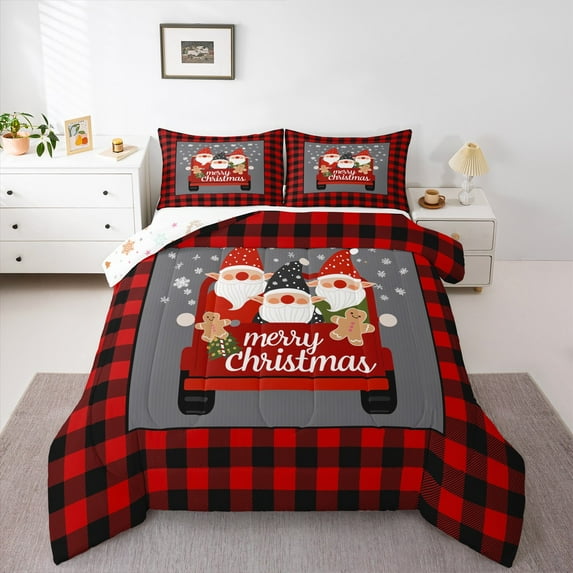 Homewish Kawaii Cartoon Gnome Queen Comforter Set for Kid, Christmas Santa Claus Bedding Sets, Black Red Buffalo Plaid Reversible Bedding Comforter Set, Ultra Soft Bedroom Decor, 3-Piece