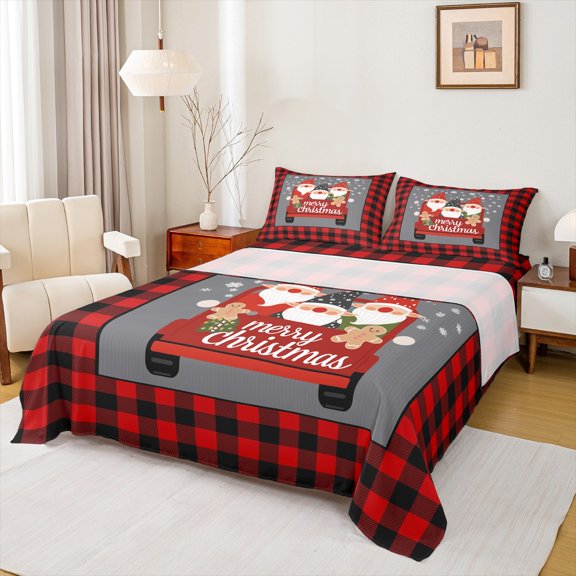 Homewish Kawaii Cartoon Gnome Queen Sheet Sets for Kid, Christmas Santa Claus Flat Sheet, Black Red Buffalo Plaid Queen Fitted Sheet, Ultra Soft Bedroom Decor, 4-Piece