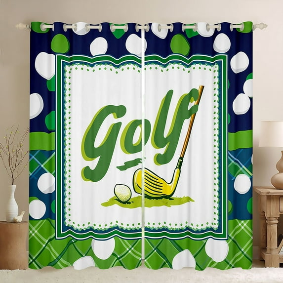 Homewish Kawaii Cartoon Golf Black Out Curtains for Kids, Sports Player Curtains Pack of 2 (42x63 Each), Green Buffalo Plaid Bedroom Curtains, Black Out Curtains Room Decor