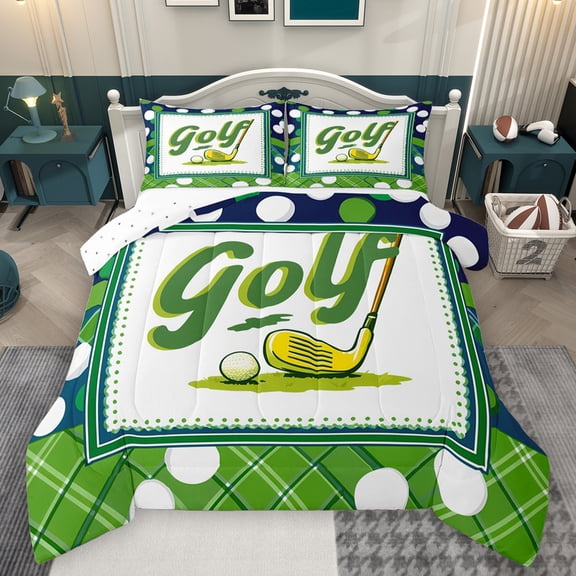 Homewish Kawaii Cartoon Golf Queen Comforter Set for Kids, Sports Player Bedding Sets, Green Buffalo Plaid Reversible Bedding Comforter Set, Lightweight Room Decor, 3pcs