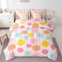 Homewish Kawaii Cartoon Groovy Twin Bedding Sets 7-Piece for Kids, Garden Flower Floral Bedding Comforter Set, Pink Princess Style Reversible Sheet Sets, Breathable Home Decor